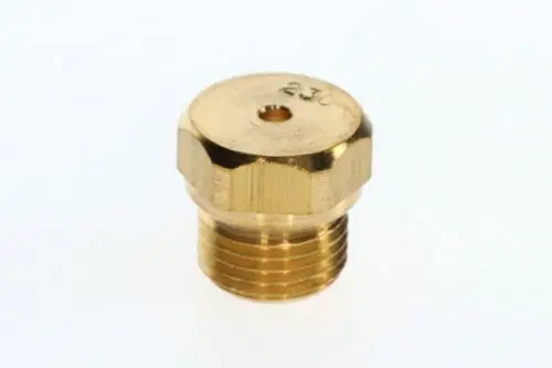 Goldene Düse von Bosch mit sechseckigem Kopf und Gewinde, einem zentralen Loch auf der Oberseite, geeignet für verschiedene industrielle Anwendungen.